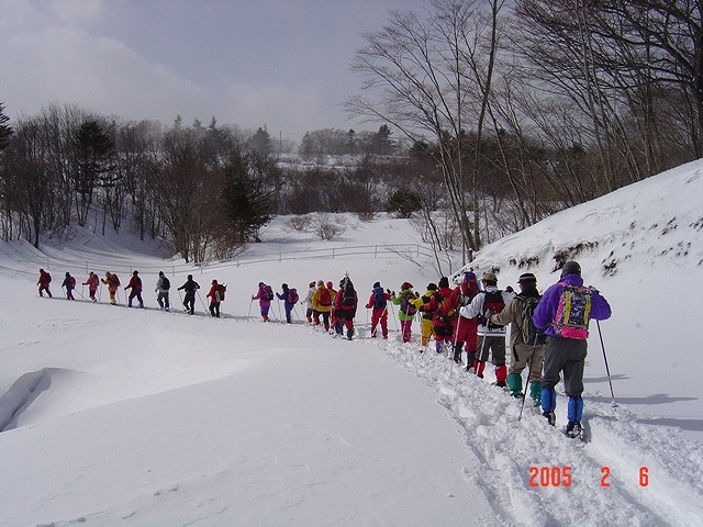 雪原の中をスノーシューで歩く